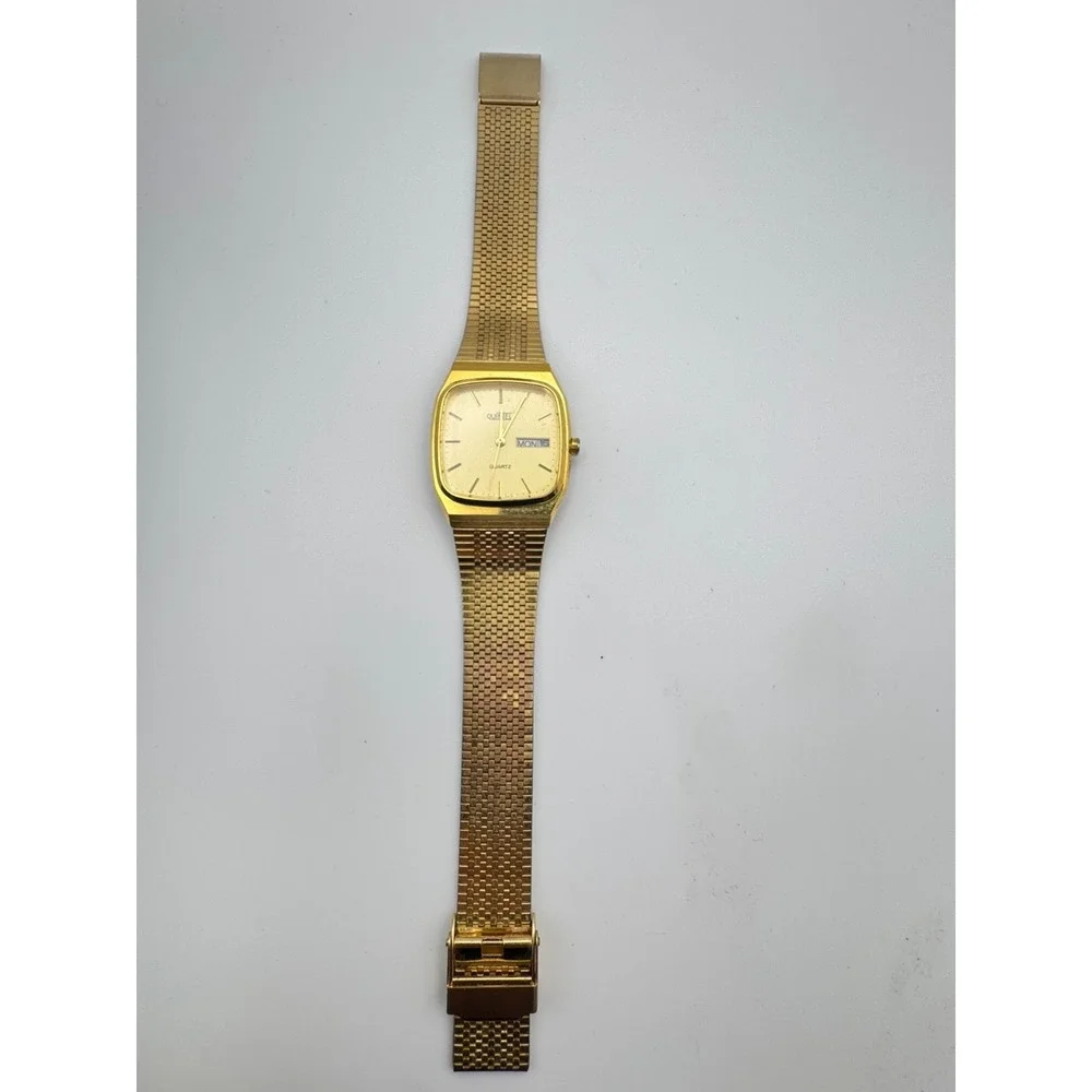 Vintage Quintel Watch Mens TV Case Mesh Band Day Date Quartz Retro WORKING